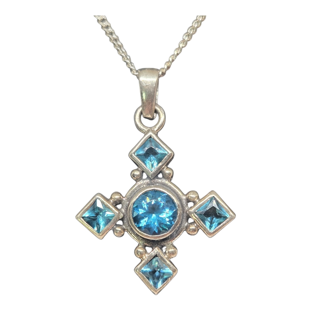 925 Sterling Silver Blue Paste Vintage Cross Pendant Necklace